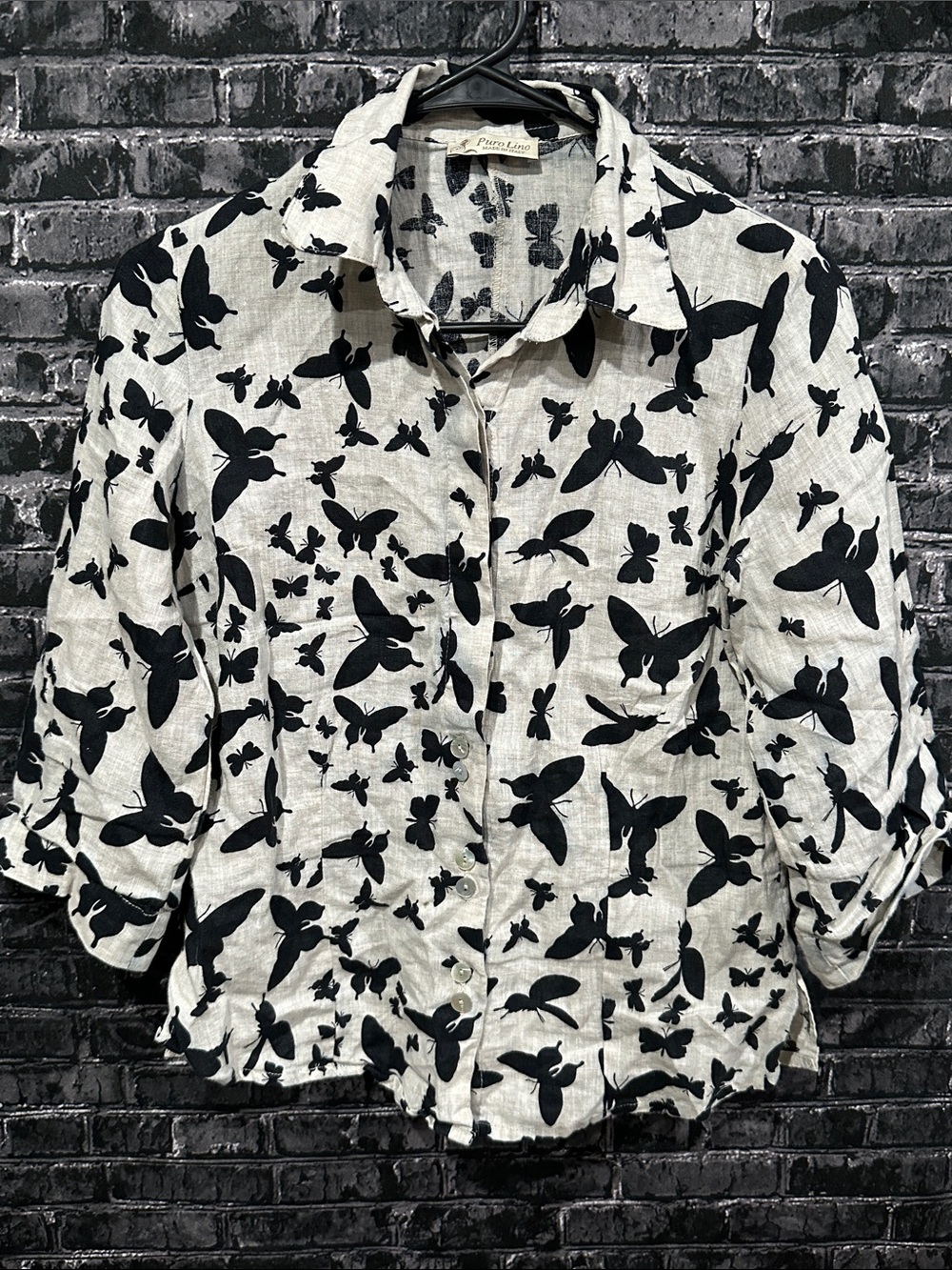 Puro Lino made in Italy Linen Black Butterfly Print Button-Front Shirt